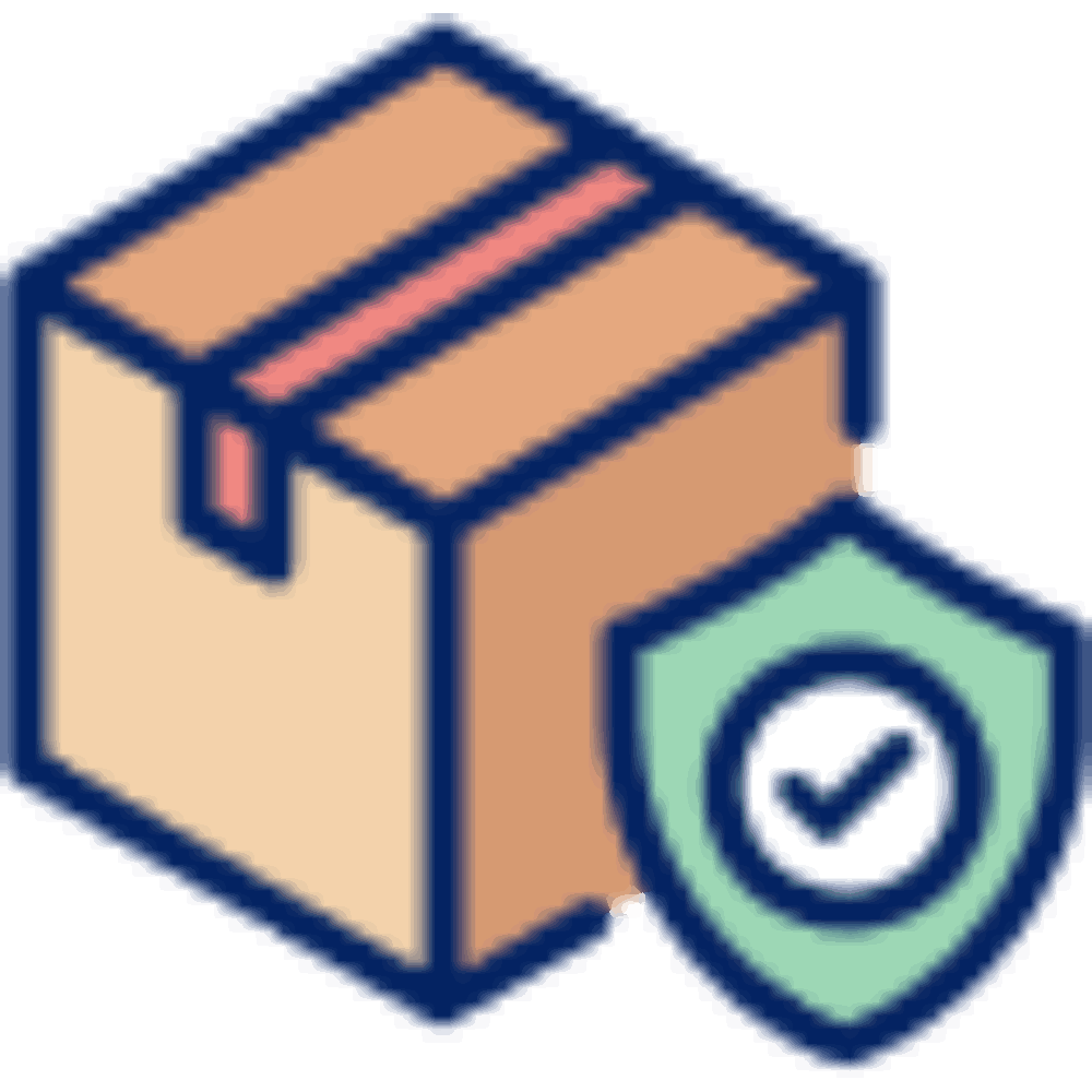 The Package Protection logo features a cardboard box with a red stripe and a blue-outline. To the right, a shield outlined in blue and filled green, with a checkmark symbolizes security against damage.