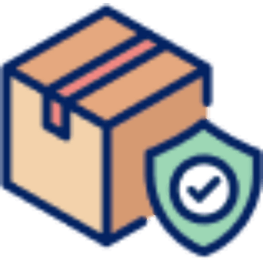 The Package Protection logo features a cardboard box with a red stripe and a blue-outline. To the right, a shield outlined in blue and filled green, with a checkmark symbolizes security against damage.